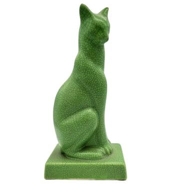 Egyptian Revival Art Deco Green Ceramic Bastet Cat 
