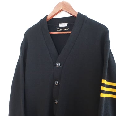 striped cardigan / black cardigan / 1950s black and yellow striped wool varsity cardigan Large 