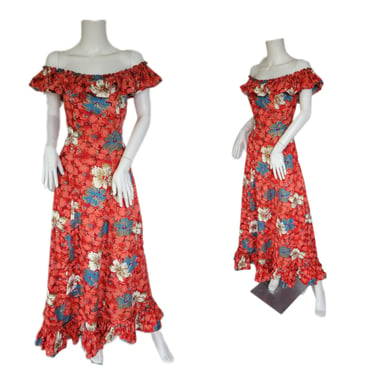 1950's Red Cotton Hand Painted Hawaiian Floral Print Maxi Dress I Sz Med I Made in Hawaii 