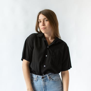 Vintage Black Short Sleeve Loop Collar Shirt | Simple Overdye Cotton Work Blouse | XS S M | 