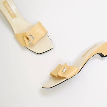80s 90s Vintage Sergio Rossi Tan White Leather Slides Sandals With Rhinestones Size 39 9 Avant Garde Slides sandals heels Wedding Shoes 9 