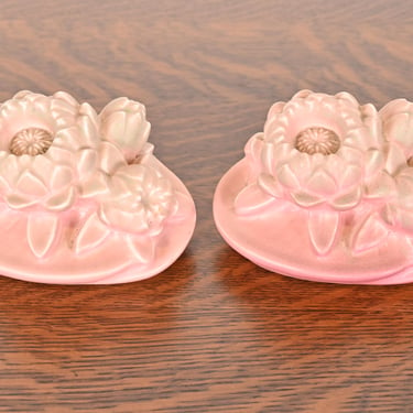 Rookwood Pottery Art Nouveau Glazed Ceramic Pink Lotus Flower Bookends, 1930