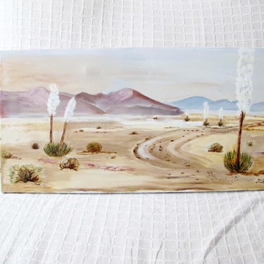 Vintage 80s Desert Canvas Painting - Plein Air Southwest Desert Mountain Landscape  - Yucca White Sands Neutral Artwork 