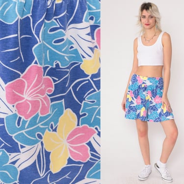 Tropical Floral Shorts 90s Blue Baggy Pink Hibiscus Flower Leaf Print Shorts Summer High Elastic Waisted Mid Length Vintage 1990s Medium 