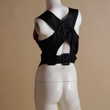 F/W 1989 Jean Paul Gaultier black silk runway waistcoat vest with open belted strap back 