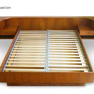 Danish Modern Vintage Teak Queen Platform Bed by Komfort Floating Nightstand MCM
