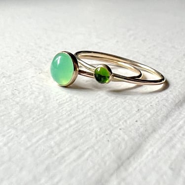 Two Green Stacking Ring Set in 14k Goldfill Chrome Diopside and Chrysoprase  Bezel Rings 