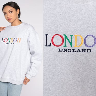 London England Sweatshirt 90s Heather Grey Rainbow Embroidered Shirt UK Retro Crewneck Tourist Pullover Vintage 1990s Mens Large L 