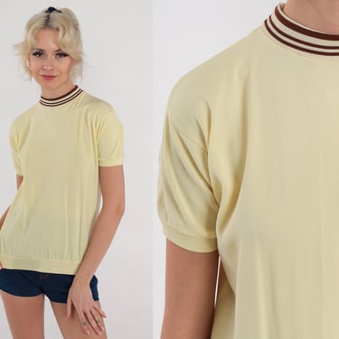 Ringer Tee 70s Pale Yellow Top Short Sleeve Mock Neck T Shirt Retro Preppy Mod Summer Casual Plain Banded Hem Blouse Vintage 1970s 2xs xxs 