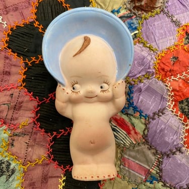 Vintage Kewpie Doll, Bisque Doll With Blue Bonnet, Small Bisque Baby Doll, Rose O'Neill 