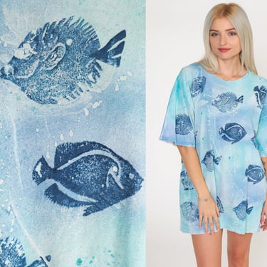 Blue Fish Shirt 90s Graphic Sponge Stamp T Shirt Vintage Under The Sea Surfer All Over Print Beach 1990s Shirt Short Sleeve Extra Large xl 