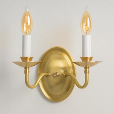 Colonial Curve Double Candlestick Sconce - Historic Brass Fixture - Candelabra Style - Open Bulb 