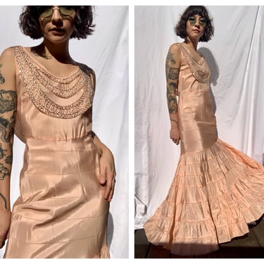 30s Evening Gown with Draped Open Beaded Back / Peach Taffeta Red Carpet Look / Bridal Wedding Gown / Bridesmaid / Holiday Party Dress 