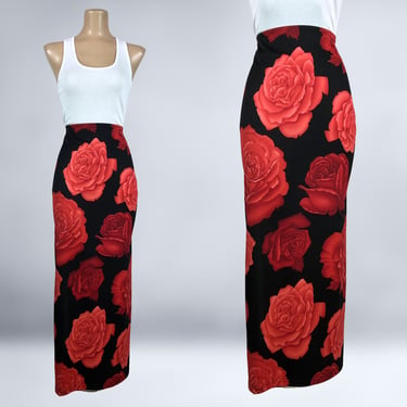 VINTAGE 90s Black and Red Realistic Rose Print Maxi Skirt with Side Slits by Venus Size Medium | 1990s Long Pencil Stretch Skirt | VFG 