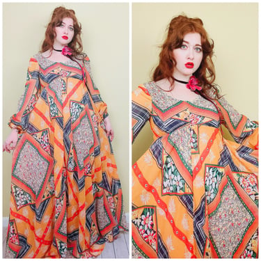 1970s Vintage Rainbow California Sheer Patchwork Dress / 70s Empire Waist Smocked Floral Hippie Maxi Gown / Medium 