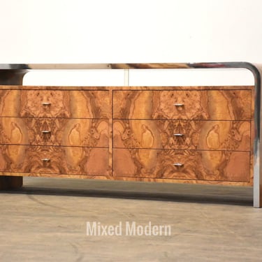 Modern Burl & Chrome Long Dresser 