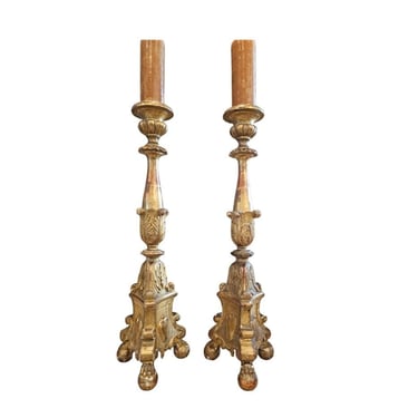 Large Antique Italian Carved Giltwood Altar Pricket Floor Candlestick Pair 19th Century 