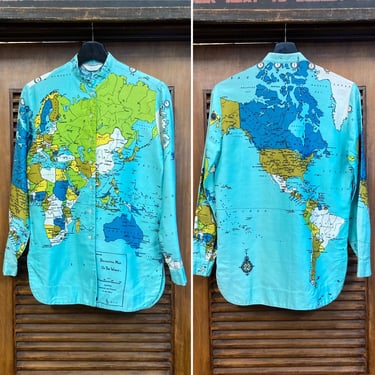 Vintage 1960’s World Map Design Pop Art Mod Style Cotton Shirt Blouse, 60’s Mod Style, Vintage Shirt, Vintage Atlas, Vintage Clothing 