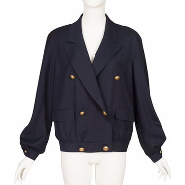 Valentino 1980s Vintage Navy Blue Wool Double-Breasted Bomber Jacket 