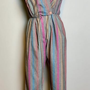 Vintage 80s Pastel Multi Colored Striped Lightweight Jumpsuit Size Small 