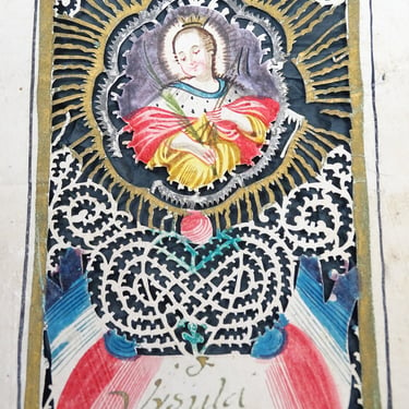 Antique 1800's Scherenschnitte Miniature Portrait Saint Ursula, Hand Cut Scissor Work, Hand Painted German Religious Folk Art 