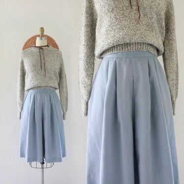 imperfect cornflower linen skirt - 26 - vintage 70s womens full woven light blue pockets minimal knee length with pockets size 4 small 