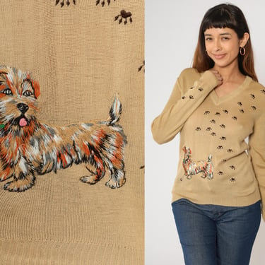 70s Dog Sweater Vintage Tan V Neck Paw Print Embroidered Animal Sweater Novelty Kawaii Sweater Kitsch Pullover 1970s Boho Small xs 