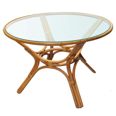 Restored 3-Strand Rattan Round Dining Table with Glass Top 