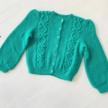 1980s Teal Cable Knit Puff Shoulder Cardigan 