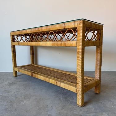 Vintage Coastal Rattan Two-Tier Console Table with Glass Top 