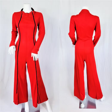 1970's Red One Piece Zippered Front Wide Leg Jumpsuit I Sz Lrg 