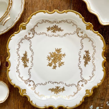Antique Porcelain Reichenbach German Serving Platter | 24 Karat Gold Gilt Hand Painted Floral Pattern | Scalloped Ornate Made in Germany 