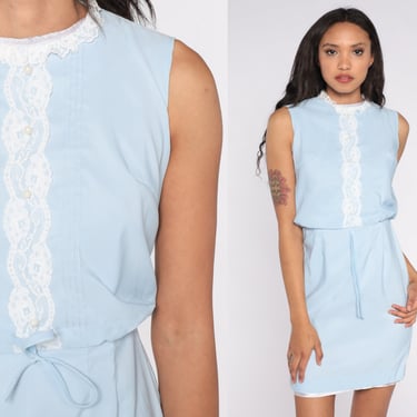 60s Mini Dress Baby Blue Mod Dress Lace Trim 70s Gogo High Waist 1960s Pastel Vintage Sixties Twiggy Sleeveless MiniDress Extra Small xs 