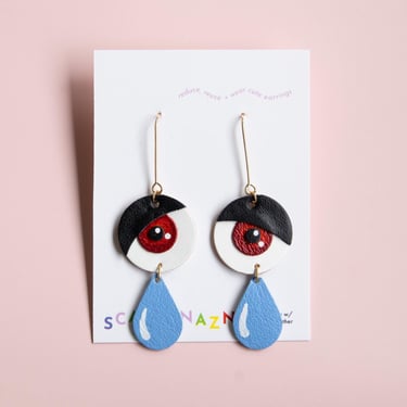 Sad Tearful Eyeball Hoop Earrings - Reclaimed Leather Maximalist Earrings 