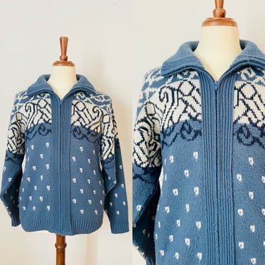 Vintage London Fog Cowichan Style Sweater / Blue / Unisex / Zip Up / Pockets / 1980s / FREE SHIPPING 