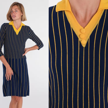 Striped Shift Dress 60s Mod Dress Navy Blue Yellow Wool Knee Length Midi Collared V Neck 3/4 Sleeve Retro Preppy Vintage 1960s Small XS S 