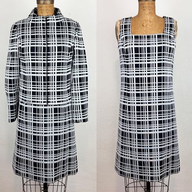 Vintage 60s Mod Metallic Black and Silver Plaid Dress with Jacket/ 1960s Futuristic Mod 2 Piece Set S 
