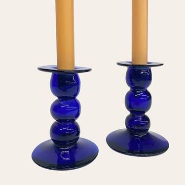 Vintage Candlestick Holders Retro 1980s Contemporary + Tucan International + Handblown + Blue Glass + Set of 2 + Candle Display + Home Decor 