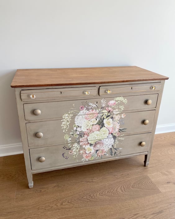 NEW - Vintage Painted Dresser, Chest of Drawers, Floral Design, Antique Bedroom Furniture, Stained Top 