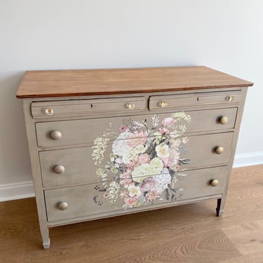 NEW - Vintage Painted Dresser, Chest of Drawers, Floral Design, Antique Bedroom Furniture, Stained Top 