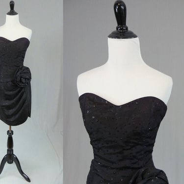 80s Gunne Sax Party Dress - Strapless Little Black Dress w/ Sparkly Glitter Dots - Vintage 1980s - S 