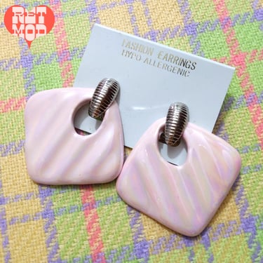 Deadstock Large Vintage 80s Pastel Pink Ceramic Statement Earrings 