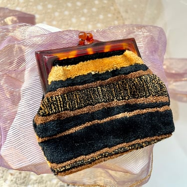 Mod Small Clutch, Velvet Chenille Fabric, Earth Tones Tapestry, Lucite Frame, Vegan Purse, Earth Colors 