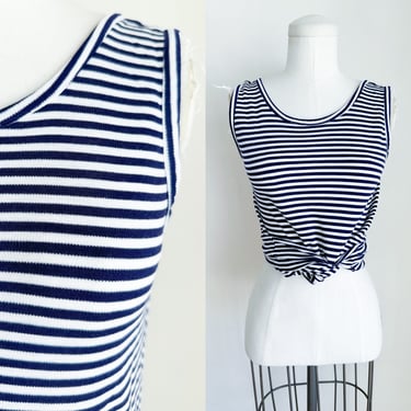 Vintage 1970s Navy and White Striped Knit Tank / S 
