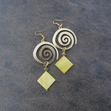 Large yellow mother of pearl shell earrings 