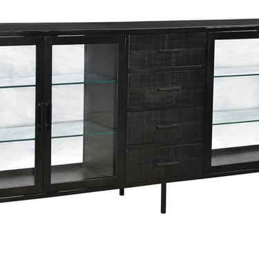 Stunning 90" Black Sheet Metal Steel and Glass Display Sideboard with Drawers by Terra Nova Designs Los Angeles 