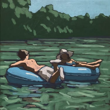 Man and Woman Floating River #4 - Original Acrylic Painting on Canvas, 14 x 14 - tubing, summer, fine art, Michael Van, texas, modern 