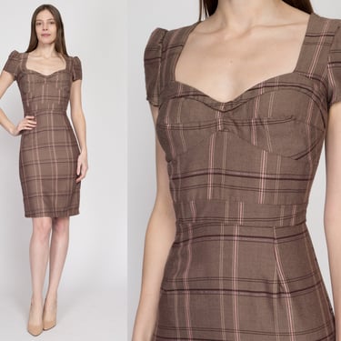 XS 90s Plaid Sweetheart Neck Mini Sheath Dress | Vintage Brown Pink Short Sleeve Fitted Office Pencil Dress 