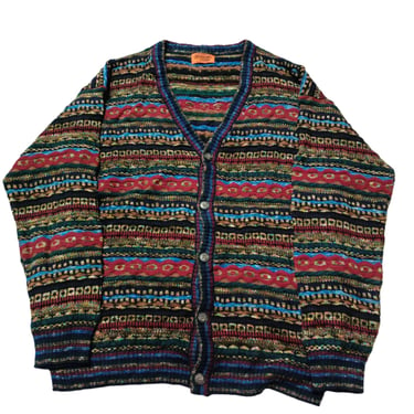 Vintage 90's Coogi Style Cardigan Sweater for men | 3D Colored | Cable Knit Sweater | Textured Stripe Pattern | Made in Italy 