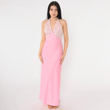 Vintage Pink Halter Dress 70s Floral Maxi Sundress Flower Long Empire Waist Sun Hippie Bohemian Sleeveless 1970s V Neck Extra Small xs 